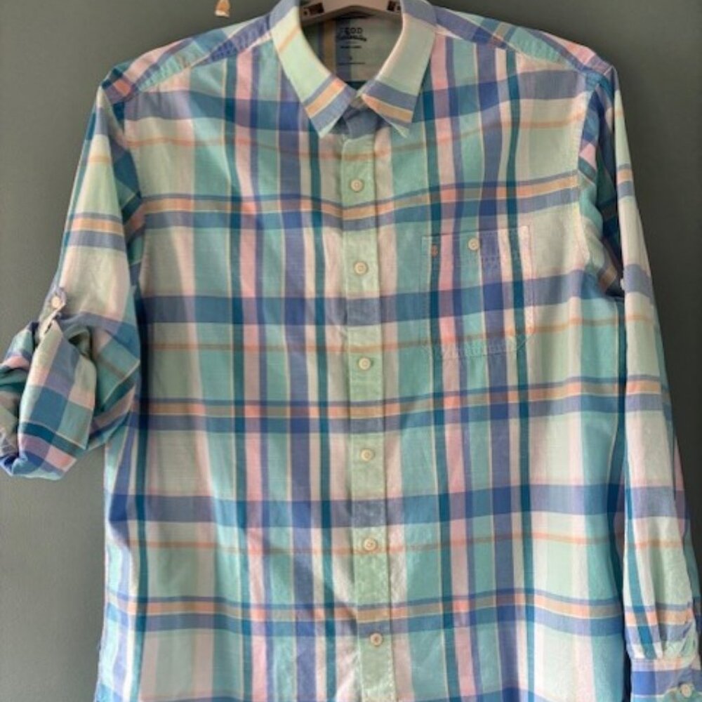Izod Saltwater Relaxed Classics Mens Sz L Button Long Sleeve Blue Green Shirt